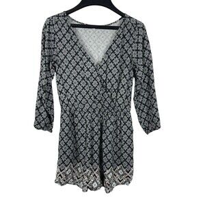 Aeropostale Black Floral Long Sleeve V-neck Cross Front Romper XS
